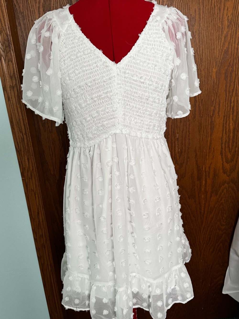 Tecrew White Swiss Dot Smocked V-Neck Mini Dress